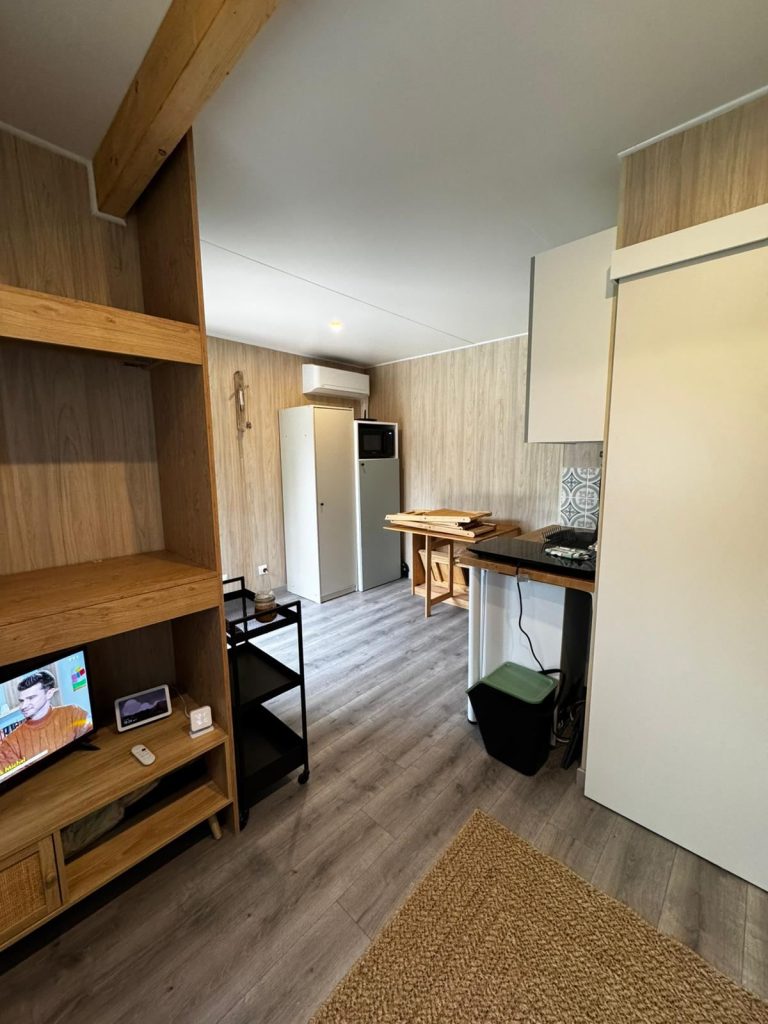 Coin séjour avec télévision et rangements en bois