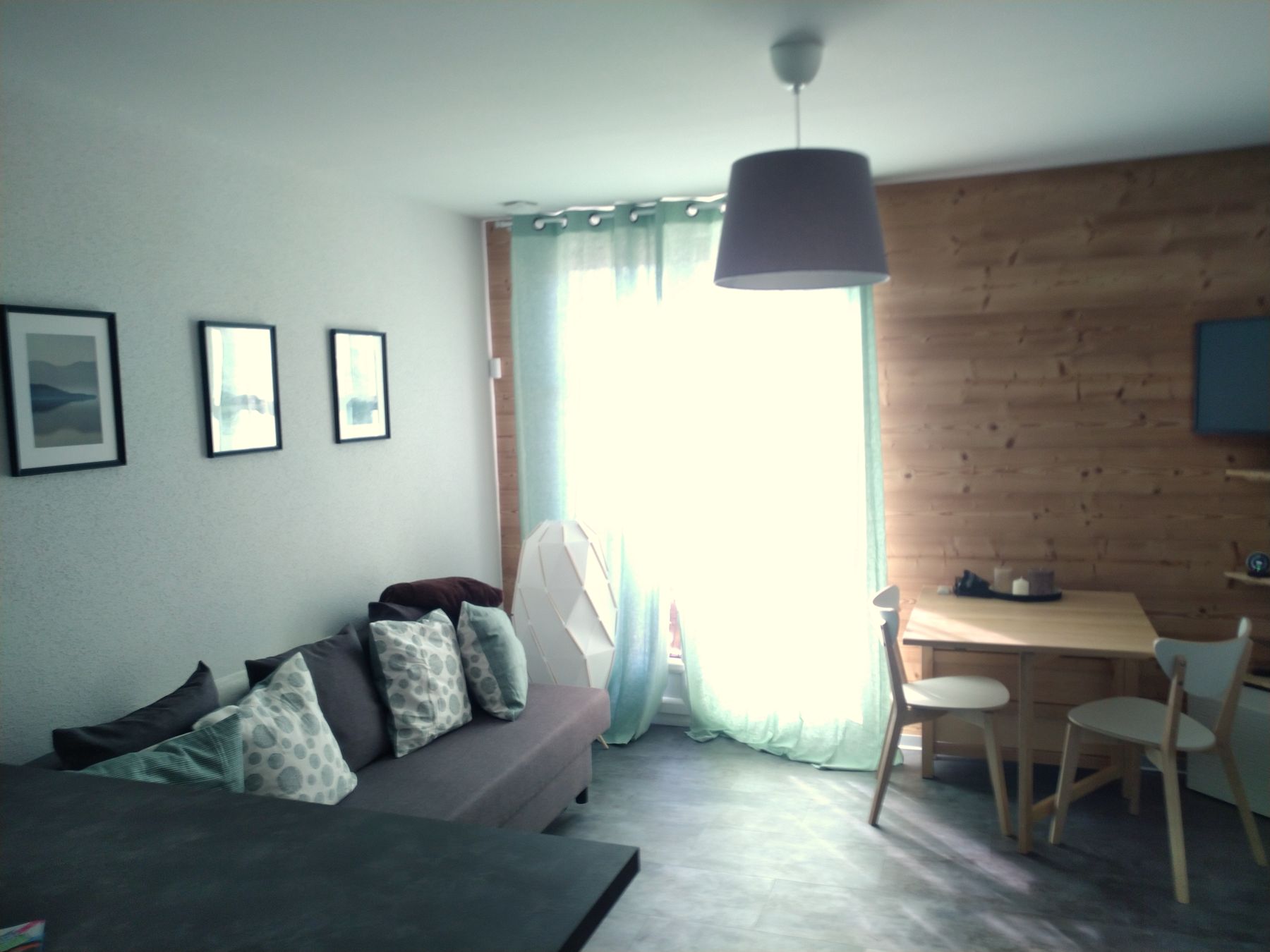 Le séjour avec son mur en bois et ses portes-fenêtres